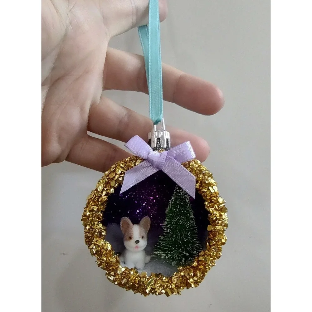 Dog Christmas Ornament Handmade Vtg Style OOAK Shatterproof Puppy Diorama O7